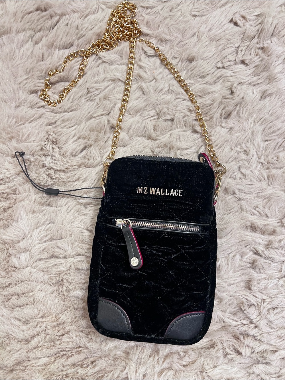 MZ Wallace Black Velvet Crossbody Pouch with Gold Chain